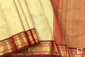 Off White Kanchipuram Silk Saree With Maroon Korvai Border Handwoven Pure Silk And Pure Zari For Weddings - PV J 7269 - Silk Sari - Panjavarnam PV J 7269