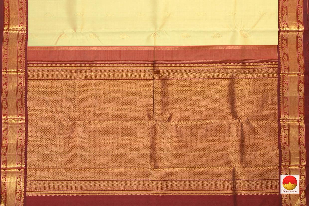 Off White Kanchipuram Silk Saree With Maroon Korvai Border Handwoven Pure Silk And Pure Zari For Weddings - PV J 7269 - Silk Sari - Panjavarnam PV J 7269