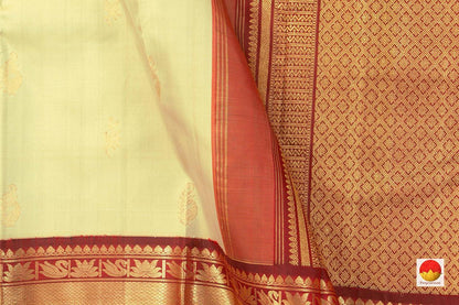 Off White Kanchipuram Silk Saree With Maroon Korvai Border Handwoven Pure Silk And Pure Zari For Weddings - PV J 7269 - Silk Sari - Panjavarnam PV J 7269