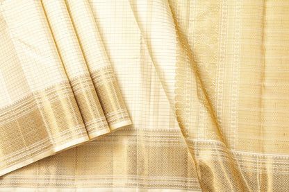 Off White Kanchipuram Silk Saree With Small Border Handwoven Pure Silk For Festive Wear PV NYC 1066 - Silk Sari - Panjavarnam