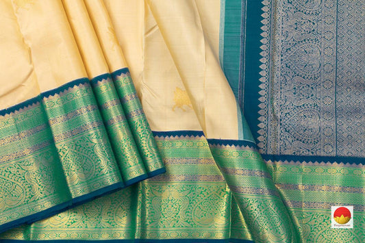 Off White Korvai Kanchipuram Silk Saree Handwoven Pure Silk And Pure Zari With Buttas For Weddings PV J 7622 - Silk Sari - Panjavarnam