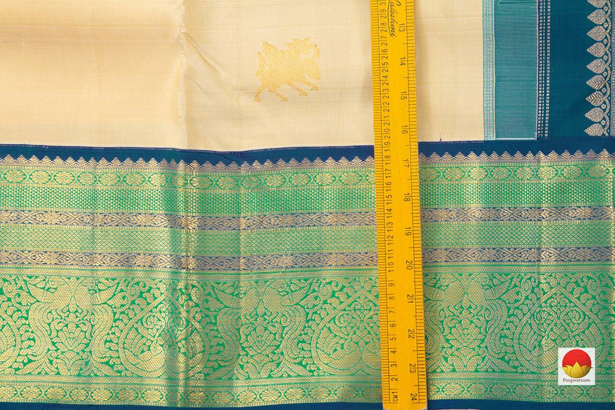 Off White Korvai Kanchipuram Silk Saree Handwoven Pure Silk And Pure Zari With Buttas For Weddings PV J 7622 - Silk Sari - Panjavarnam