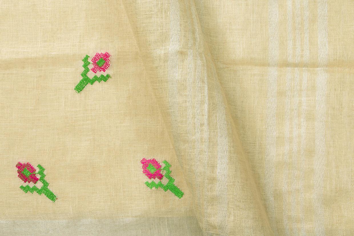 Off White Linen Saree With Embroidery And Silver Zari Border PL 2038 - Linen Sari - Panjavarnam