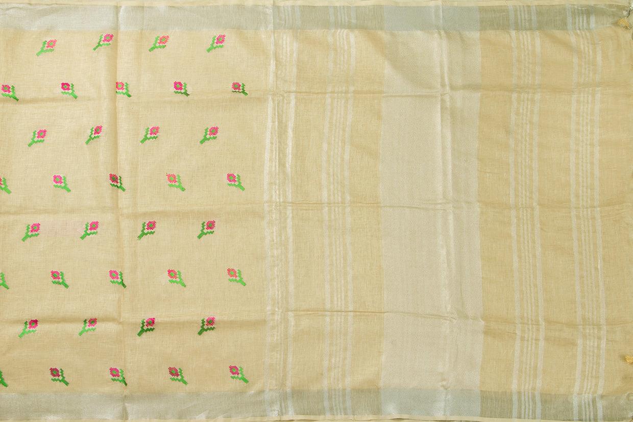 Off White Linen Saree With Embroidery And Silver Zari Border PL 2038 - Linen Sari - Panjavarnam