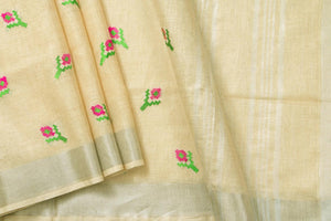 Off White Linen Saree With Embroidery And Silver Zari Border PL 2038 - Linen Sari - Panjavarnam PL 2038