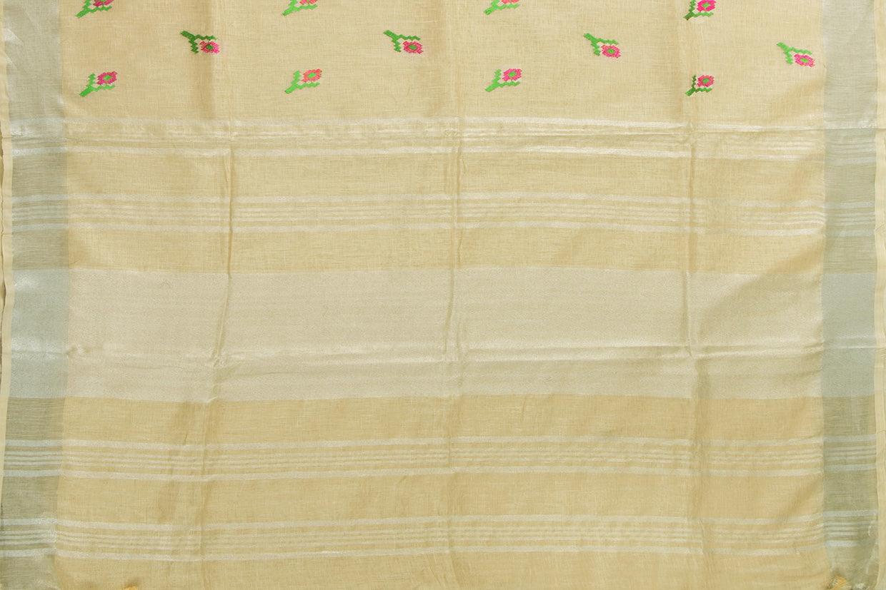 Off White Linen Saree With Embroidery And Silver Zari Border PL 2038 - Linen Sari - Panjavarnam PL 2038