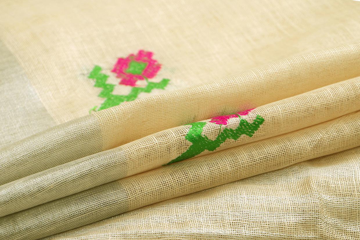 Off White Linen Saree With Embroidery And Silver Zari Border PL 2038 - Linen Sari - Panjavarnam PL 2038