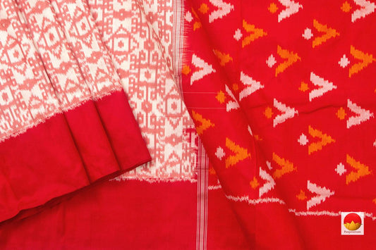 Off White Pochampally Silk Saree With Red Border Ikkat Handwoven Pure Silk For Festive Wear PIK 332 - Pochampally Silk - Panjavarnam
