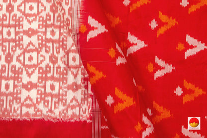 Off White Pochampally Silk Saree With Red Border Ikkat Handwoven Pure Silk For Festive Wear PIK 332 - Pochampally Silk - Panjavarnam PIK 332