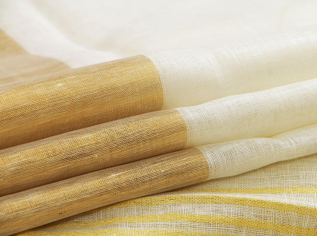 Off White Pure Linen Saree With Gold Zari Border Handwoven PL 2027 - Linen Sari - Panjavarnam