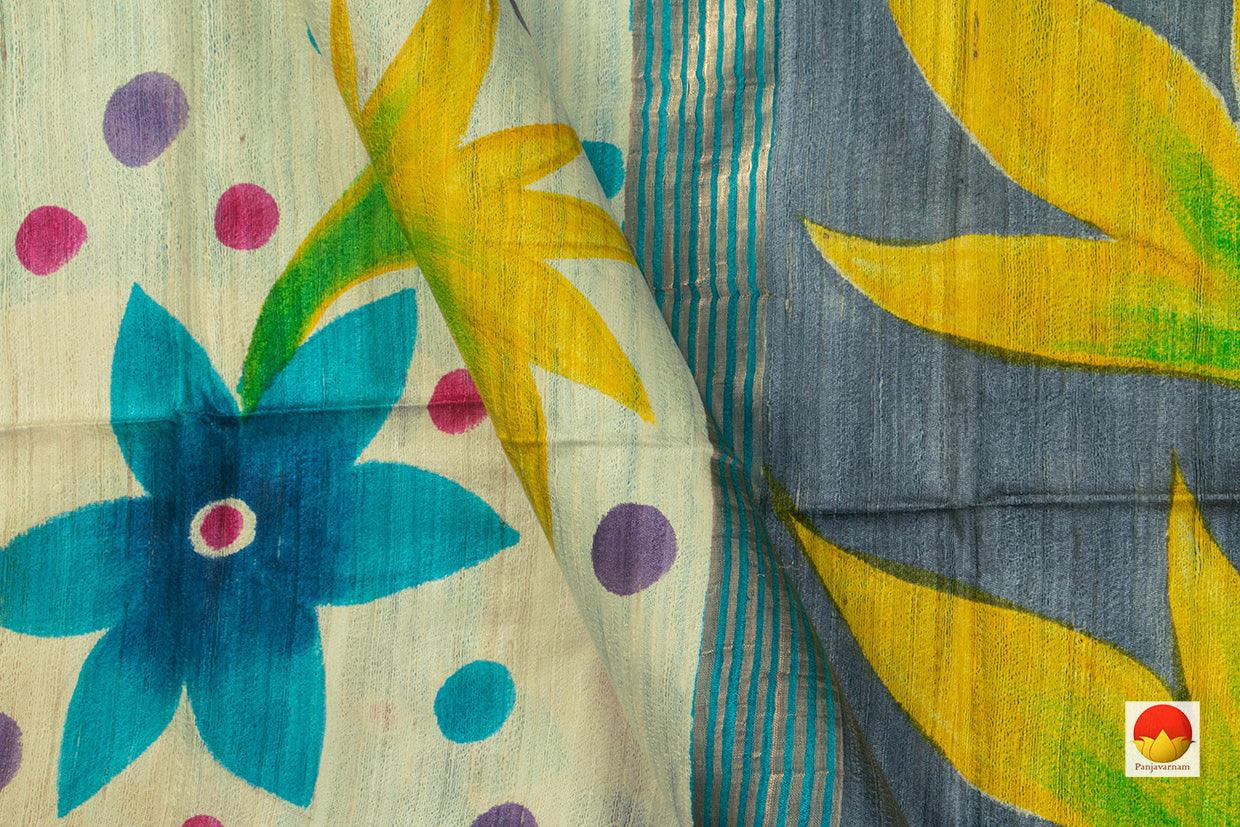 Off White Pure Tussar Silk Saree With Floral Digital Prints Handwoven PT 720 - Tussar Silk - Panjavarnam PT 720