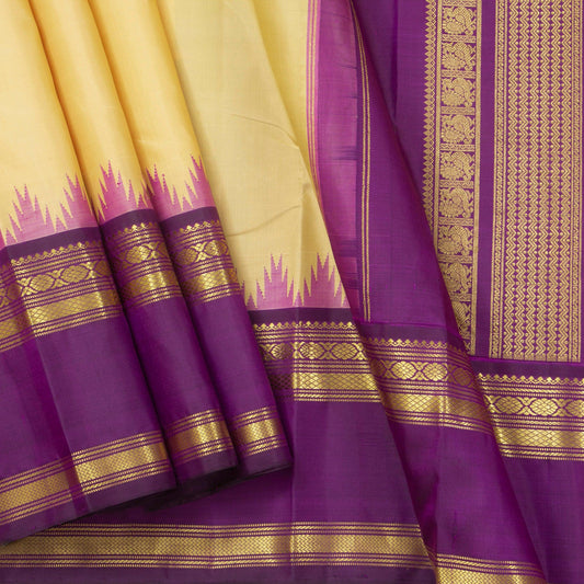 Off White, Red And Purple Kanchipuram Silk Saree Ganga Jamuna Border For Festive Wear PV NYC 1290 - Silk Sari - Panjavarnam PV NYC 1290