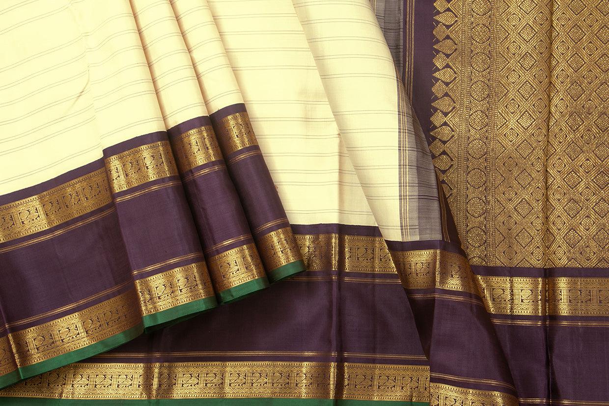 Off White With Brown Kanchipuram Silk Saree With Medium Border Handwoven Pure Silk For Wedding Wear PV NYC 1072 - Silk Sari - Panjavarnam PV NYC 1072