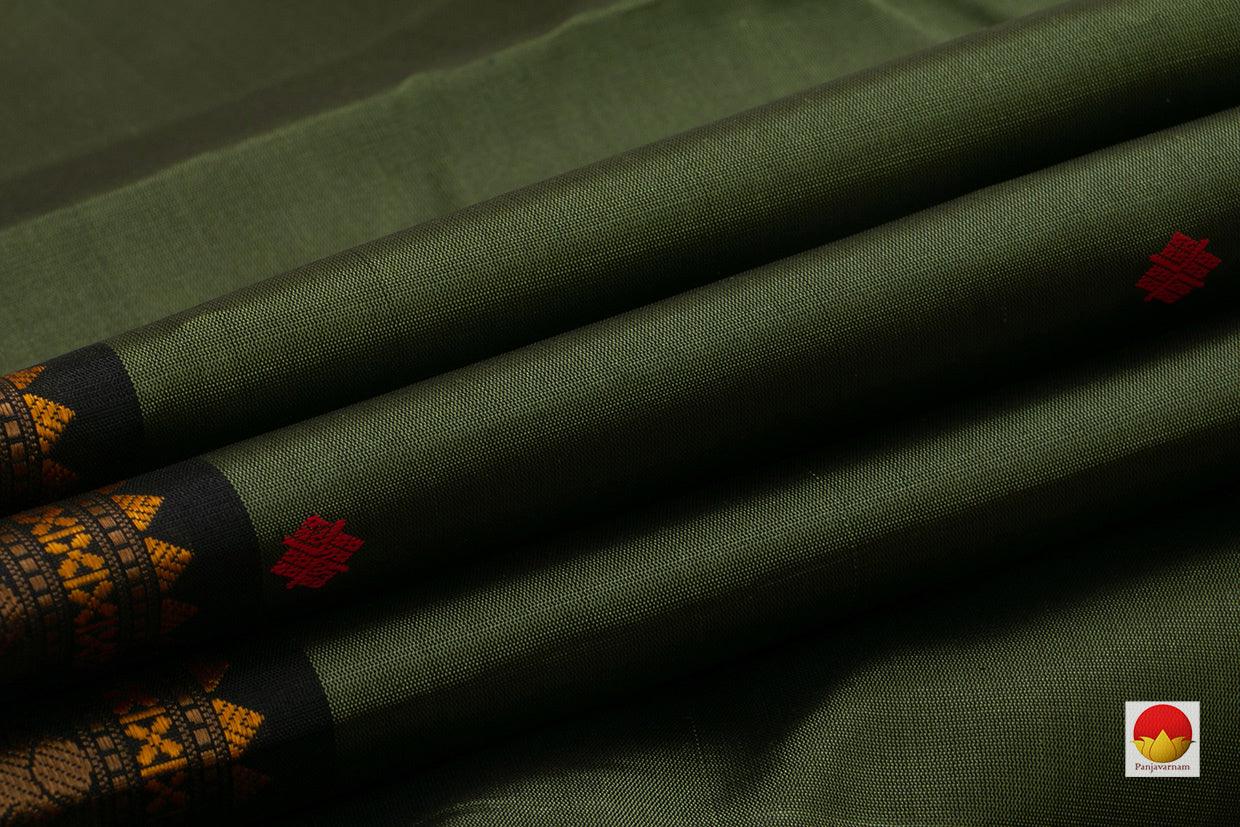 Olive Green Kanchipuram Silk Saree Handwoven Pure Silk No Zari For Office Wear PV RM NZ 427 - Silk Sari - Panjavarnam