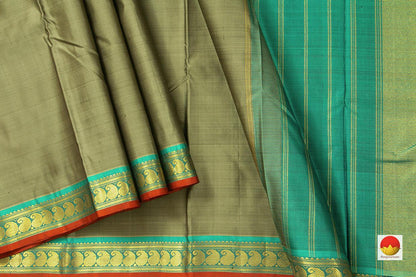 Olive Green Original Kanchipuram Silk Saree With Small Border Handwoven Pure Silk For Festive Wear PV J 215 - - Panjavarnam PV J 215