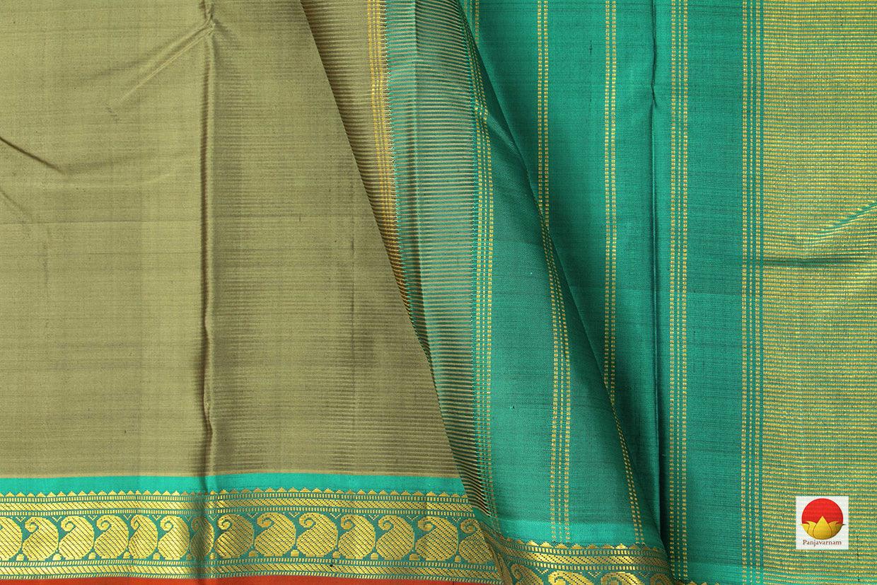 Olive Green Original Kanchipuram Silk Saree With Small Border Handwoven Pure Silk For Festive Wear PV J 215 - - Panjavarnam PV J 215