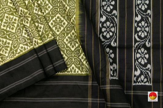 Olive Green Pochampally Silk Saree With Black Border Ikkat Handwoven Pure Silk For Festive Wear PIK 331 - Pochampally Silk - Panjavarnam