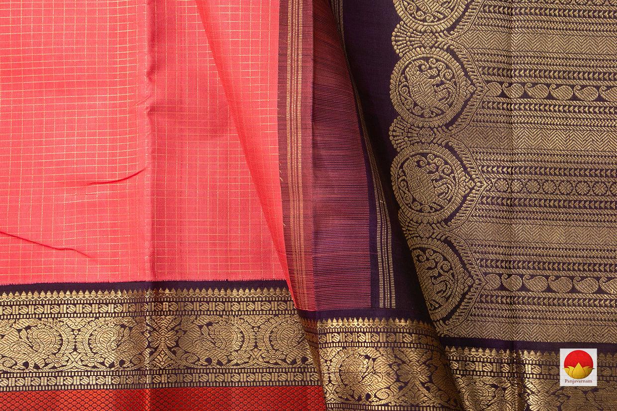 Onion Pink Kanchipuram Silk Saree With Purple Korvai Rettai Pettu Border Handwoven Pure Silk Pure Zari For Bridal Wear PV NYC 943 - Silk Sari - Panjavarnam PV NYC 943