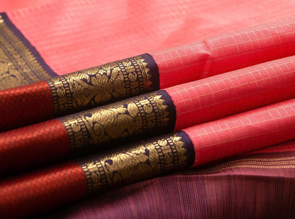 Onion Pink Kanchipuram Silk Saree With Purple Korvai Rettai Pettu Border Handwoven Pure Silk Pure Zari For Bridal Wear PV NYC 943 - Silk Sari - Panjavarnam PV NYC 943