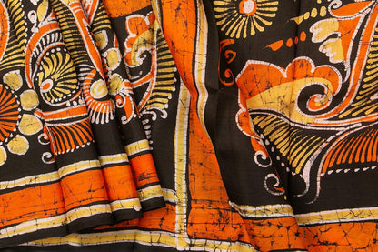 Orange And Black Lightweight Batik Silk Saree Handwoven Pure Silk For Office Wear PB 331 - Batik Silk - Panjavarnam