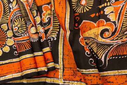 Orange And Black Lightweight Batik Silk Saree Handwoven Pure Silk For Office Wear PB 331 - Batik Silk - Panjavarnam PB 331