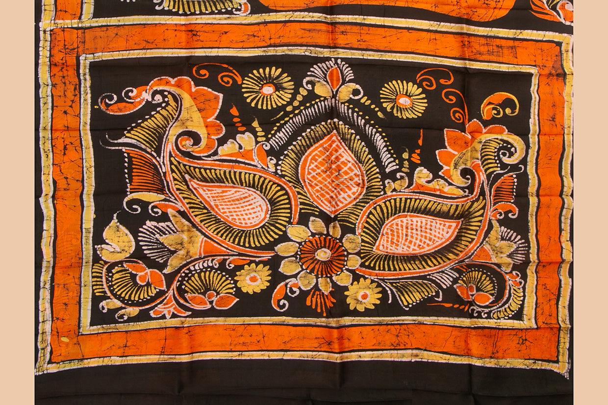 Orange And Black Lightweight Batik Silk Saree Handwoven Pure Silk For Office Wear PB 331 - Batik Silk - Panjavarnam PB 331