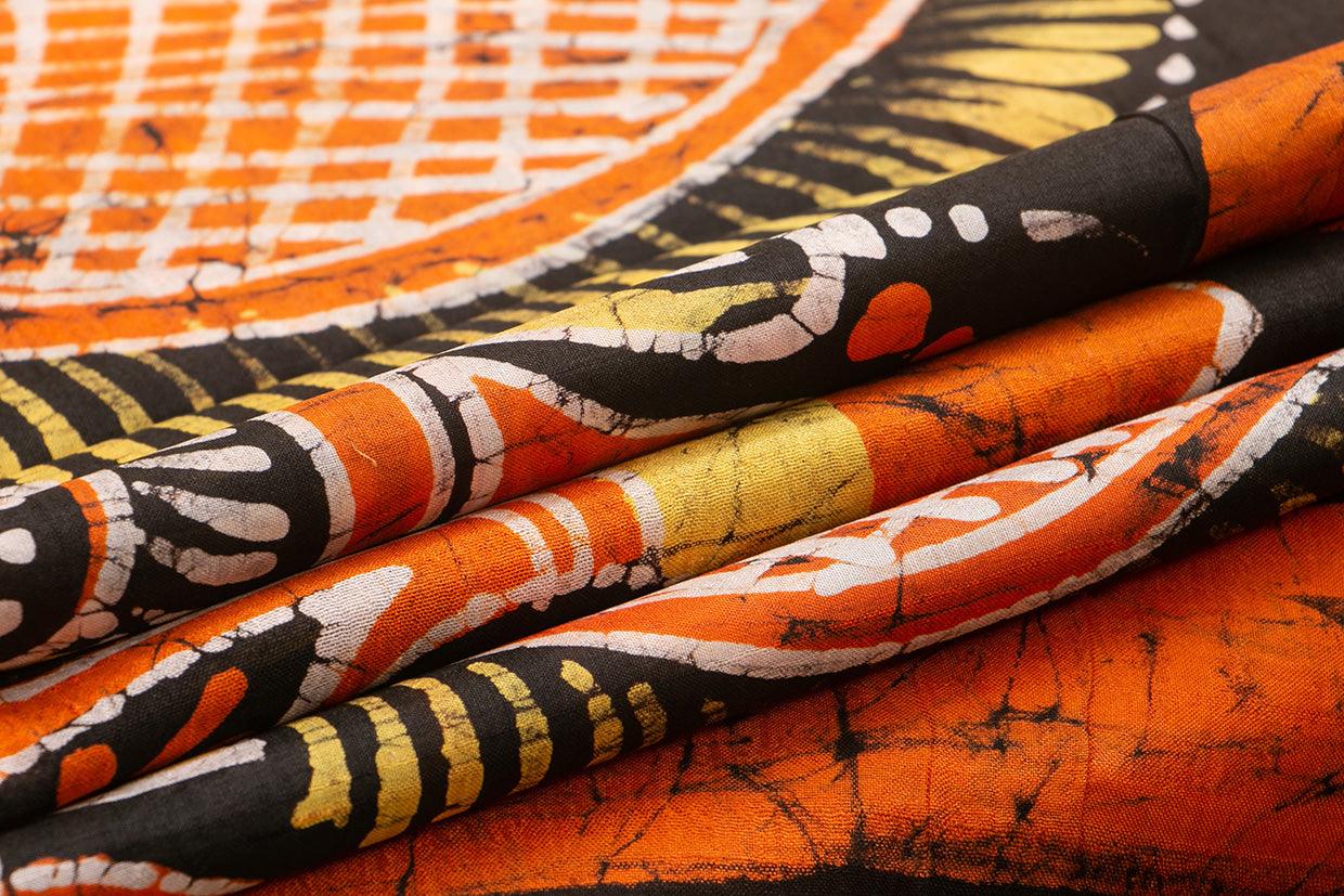 Orange And Black Lightweight Batik Silk Saree Handwoven Pure Silk For Office Wear PB 331 - Batik Silk - Panjavarnam PB 331