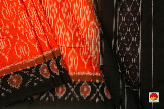 Orange And Black Pochampally Ikkat Cotton Saree Handwoven SC 142 - Cotton Saree - Panjavarnam