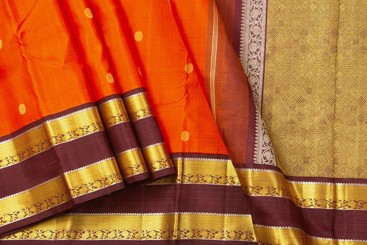 Orange And Brown Kanchipuram Silk Saree With Medium Border Handwoven Pure Silk For Wedding Wear PV NYC 1041 - Silk Sari - Panjavarnam