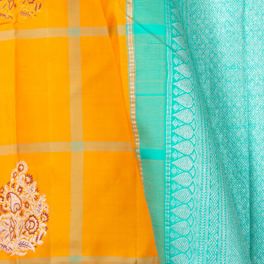 Orange And Cyan Kanchipuram Silk Saree Borderless With Silver Zari For Wedding Wear PV NYC 1448 - - Panjavarnam PV NYC 1448