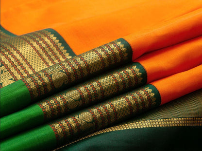 Orange And Green Kanchipuram Silk Saree Handwoven Pure Silk Pure Zari With Korvai Contrast Border For Wedding Wear PV NYC 679 - Silk Sari - Panjavarnam
