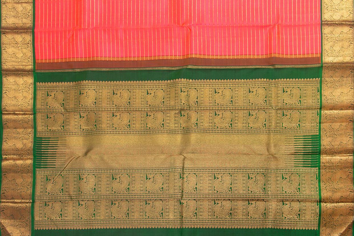Orange And Green Kanchipuram Silk Saree With Medium Border Handwoven Pure Silk For Wedding Wear PV NYC 990 - Silk Sari - Panjavarnam