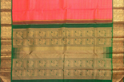 Orange And Green Kanchipuram Silk Saree With Medium Border Handwoven Pure Silk For Wedding Wear PV NYC 990 - Silk Sari - Panjavarnam