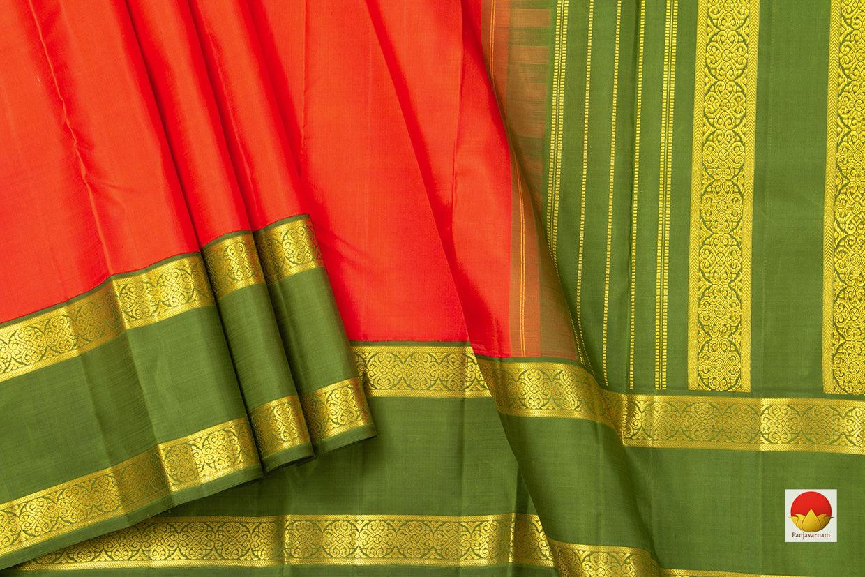 Orange And Green Kanchipuram Silk Saree With Medium Rettai Pettu Border Handwoven Pure Silk For Wedding Wear PV NYC 1021 - Silk Sari - Panjavarnam PV NYC 1021