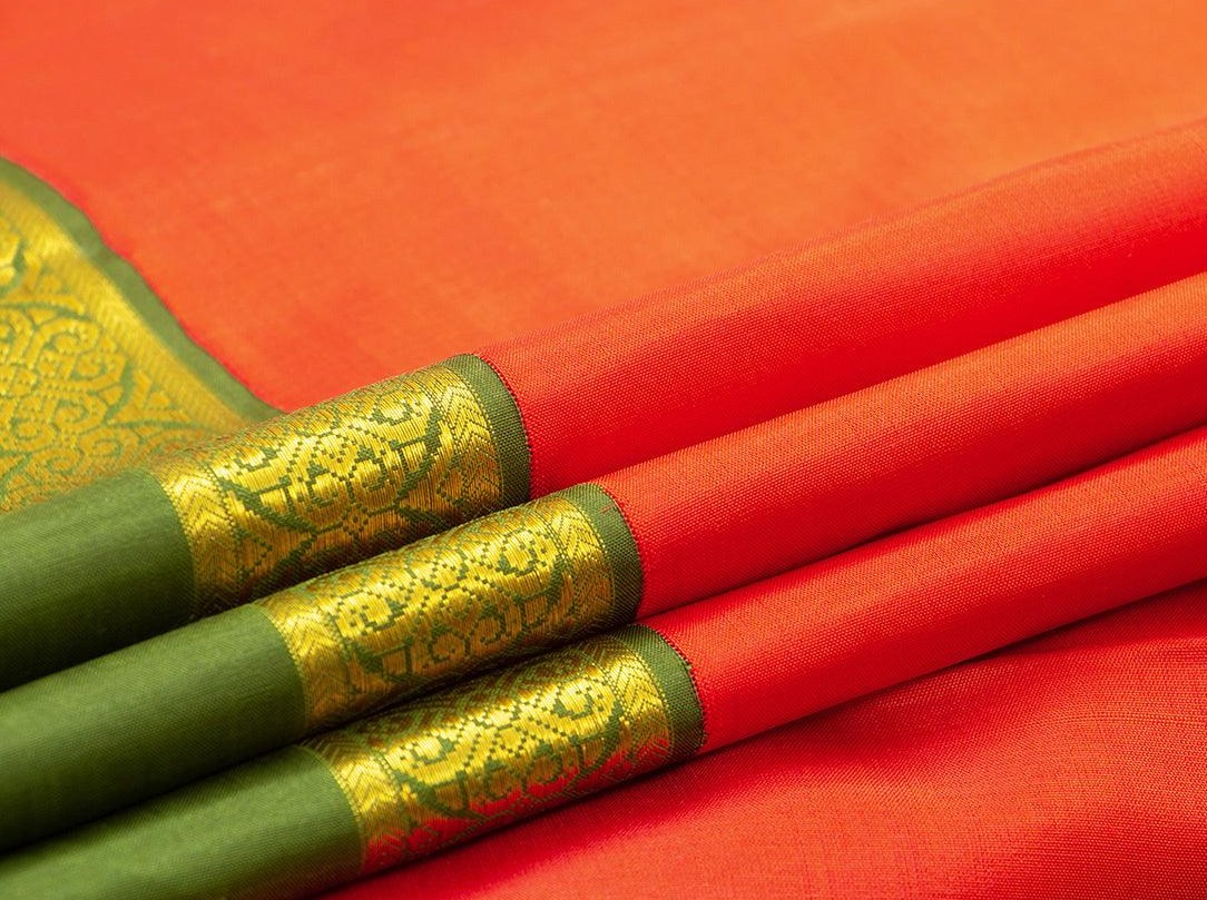 Orange And Green Kanchipuram Silk Saree With Medium Rettai Pettu Border Handwoven Pure Silk For Wedding Wear PV NYC 1021 - Silk Sari - Panjavarnam PV NYC 1021