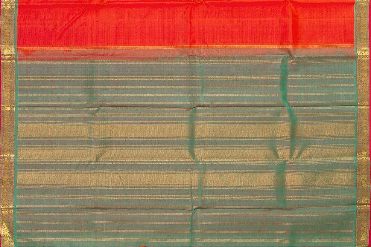 Orange and Green Kanchipuram Silk Saree With Short Border Handwoven Pure Silk For Festive Wear PV J 432 - Silk Sari - Panjavarnam PV J 432