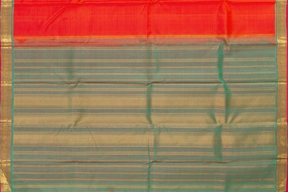 Orange and Green Kanchipuram Silk Saree With Short Border Handwoven Pure Silk For Festive Wear PV J 432 - Silk Sari - Panjavarnam PV J 432