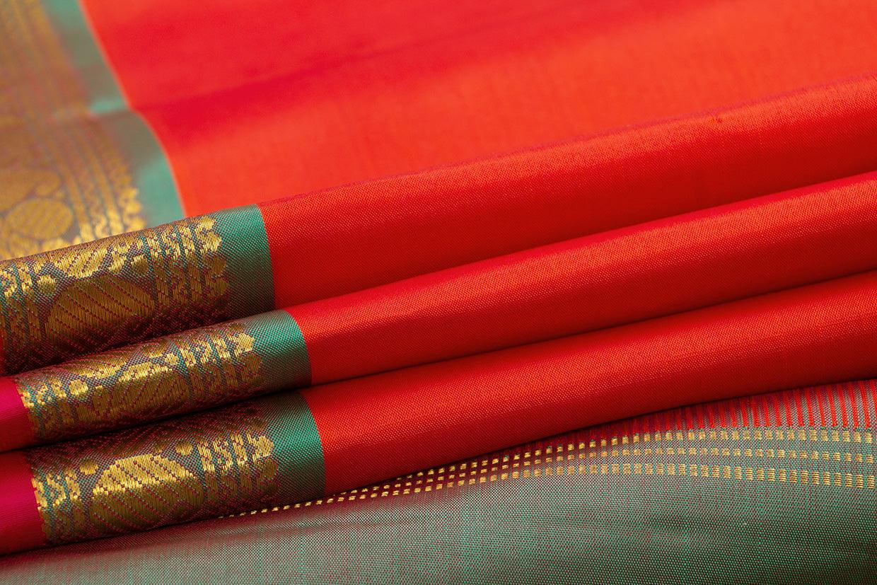 Orange and Green Kanchipuram Silk Saree With Short Border Handwoven Pure Silk For Festive Wear PV J 432 - Silk Sari - Panjavarnam PV J 432