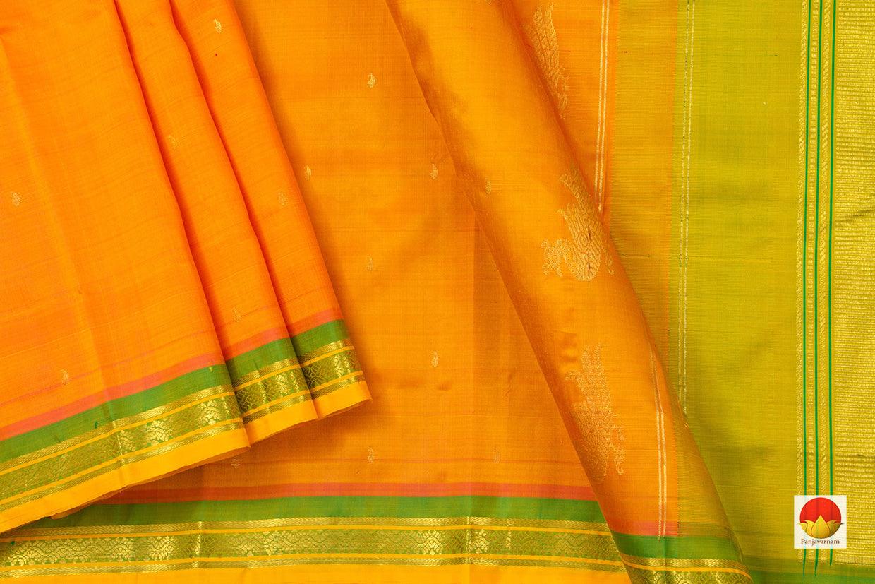 Orange And Light Green Kanchipuram Silk Saree Handwoven Pure Silk Pure Zari For Festive Wear PV ABI 248 - Silk Sari - Panjavarnam PV ABI 248