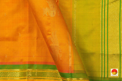 Orange And Light Green Kanchipuram Silk Saree Handwoven Pure Silk Pure Zari For Festive Wear PV ABI 248 - Silk Sari - Panjavarnam PV ABI 248