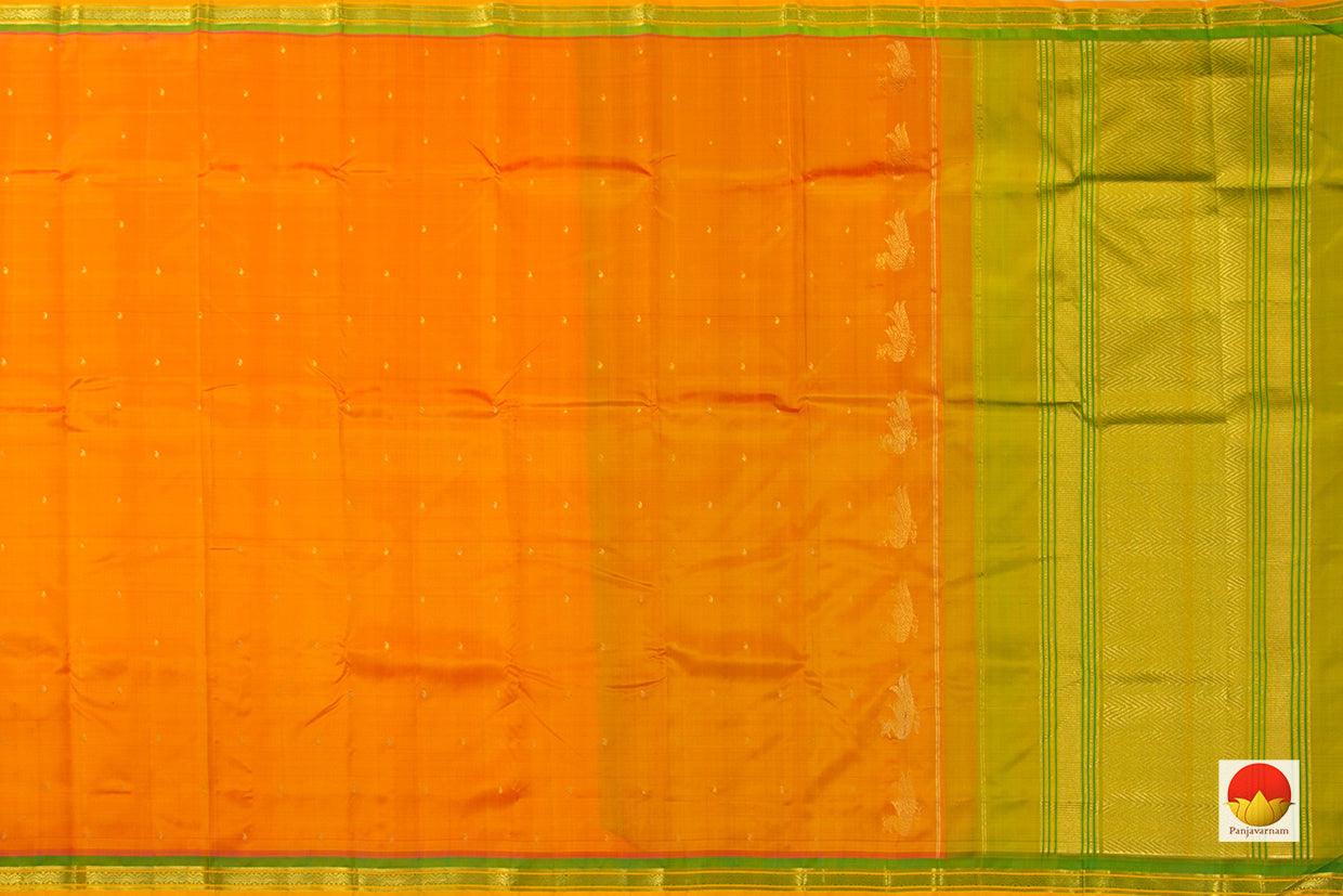 Orange And Light Green Kanchipuram Silk Saree Handwoven Pure Silk Pure Zari For Festive Wear PV ABI 248 - Silk Sari - Panjavarnam PV ABI 248