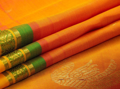 Orange And Light Green Kanchipuram Silk Saree Handwoven Pure Silk Pure Zari For Festive Wear PV ABI 248 - Silk Sari - Panjavarnam PV ABI 248