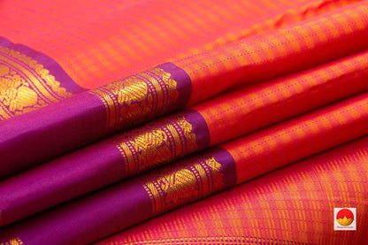 Orange And Magenta Kanchipuram Silk Saree Handwoven Pure Silk Pure Zari For Festive Wear PV J 3140 - Silk Sari - Panjavarnam