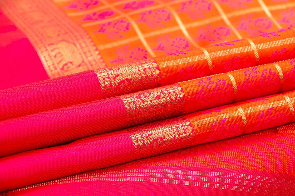 Orange And Pink Kanchipuram Silk Saree With Medium Border Handwoven Pure Silk For Wedding Wear PV NYC 1055 - Silk Sari - Panjavarnam