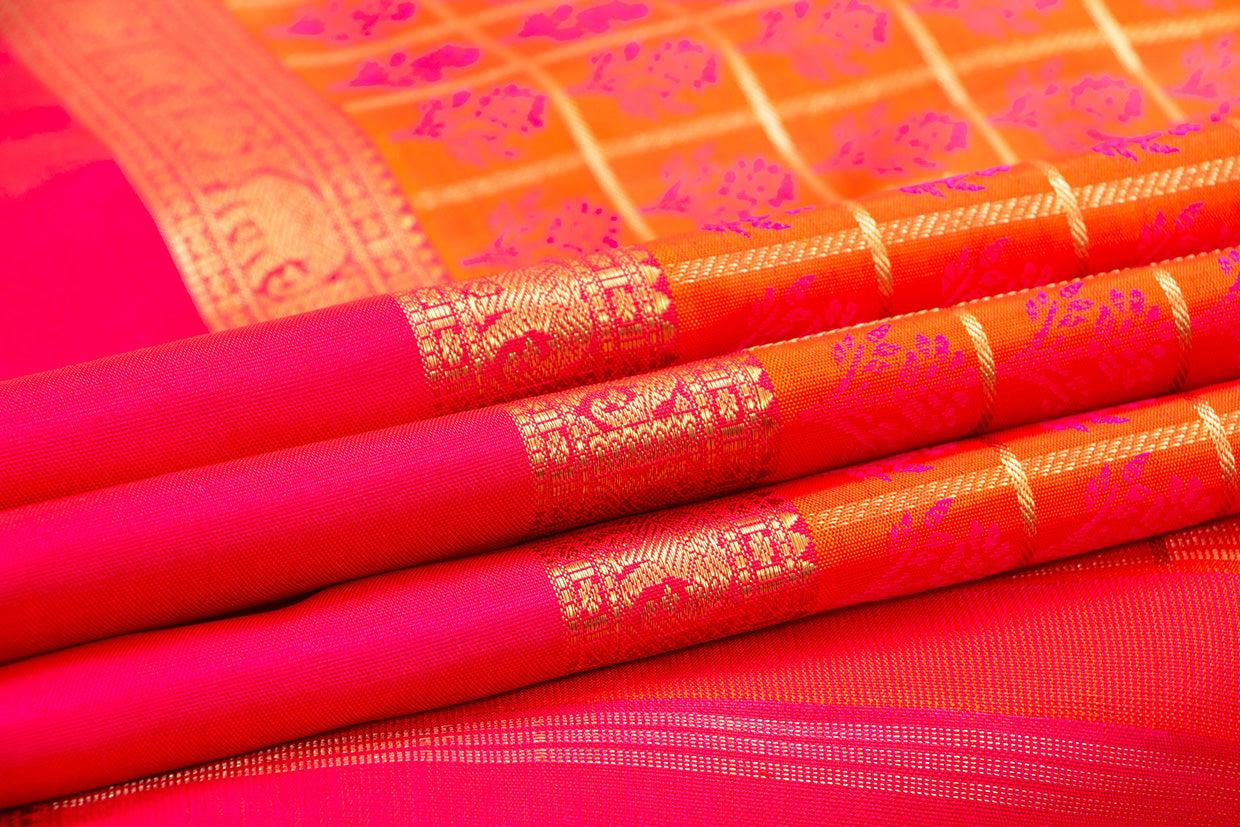 Orange And Pink Kanchipuram Silk Saree With Medium Border Handwoven Pure Silk For Wedding Wear PV NYC 1055 - Silk Sari - Panjavarnam PV NYC 1055