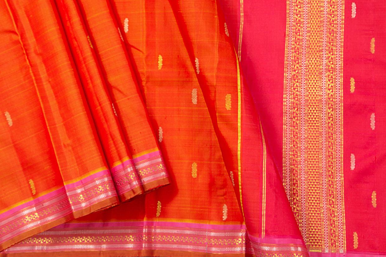 Orange And Pink Kanchipuram Silk Saree With Short Border Handwoven Pure Silk For Festive Wear PV ABI 04 - Silk Sari - Panjavarnam PV ABI 04