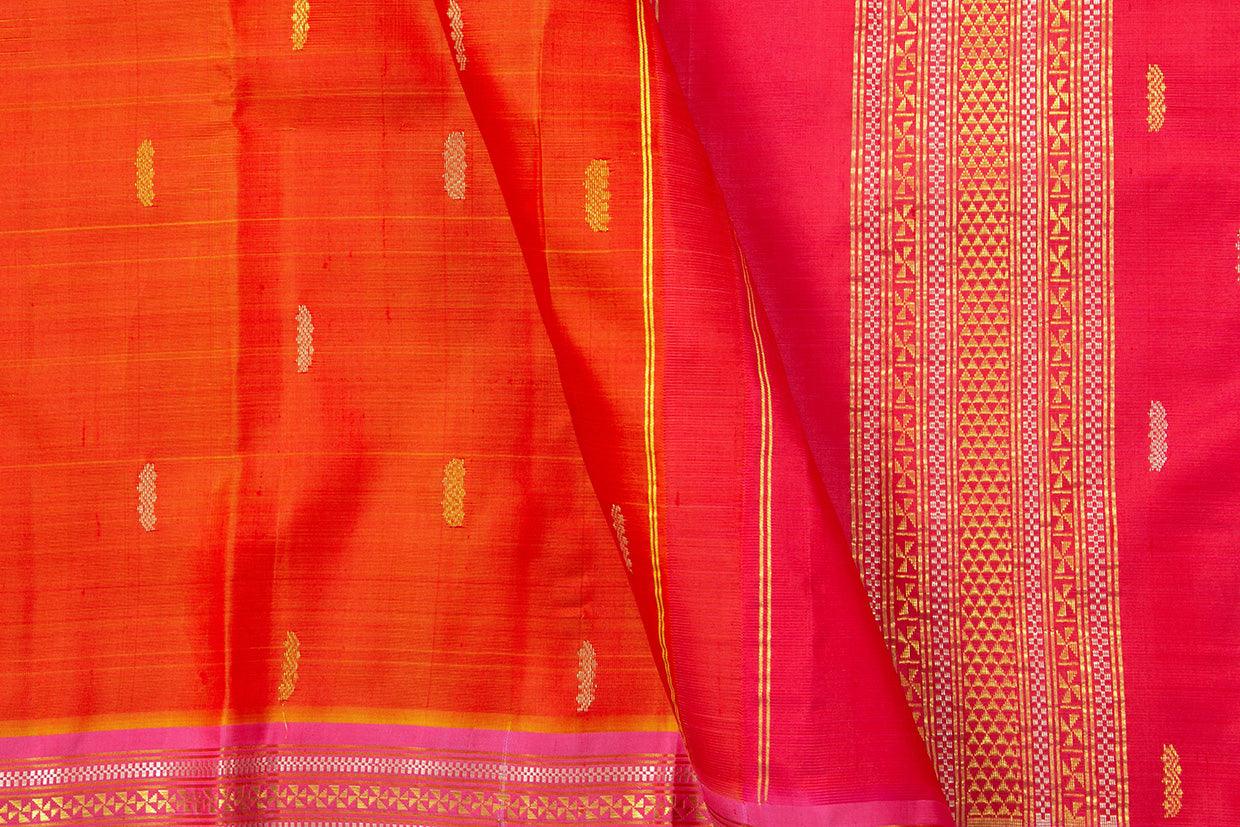 Orange And Pink Kanchipuram Silk Saree With Short Border Handwoven Pure Silk For Festive Wear PV ABI 04 - Silk Sari - Panjavarnam PV ABI 04