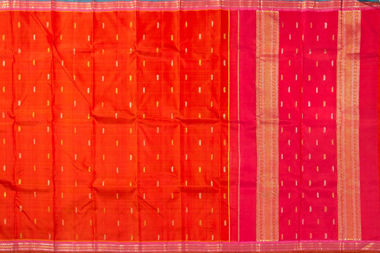 Orange And Pink Kanchipuram Silk Saree With Short Border Handwoven Pure Silk For Festive Wear PV ABI 04 - Silk Sari - Panjavarnam PV ABI 04