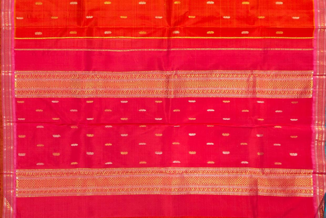 Orange And Pink Kanchipuram Silk Saree With Short Border Handwoven Pure Silk For Festive Wear PV ABI 04 - Silk Sari - Panjavarnam PV ABI 04