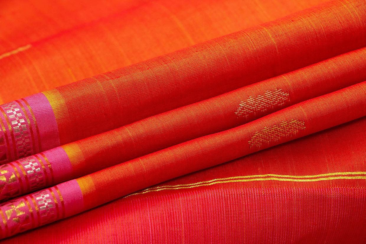 Orange And Pink Kanchipuram Silk Saree With Short Border Handwoven Pure Silk For Festive Wear PV ABI 04 - Silk Sari - Panjavarnam PV ABI 04